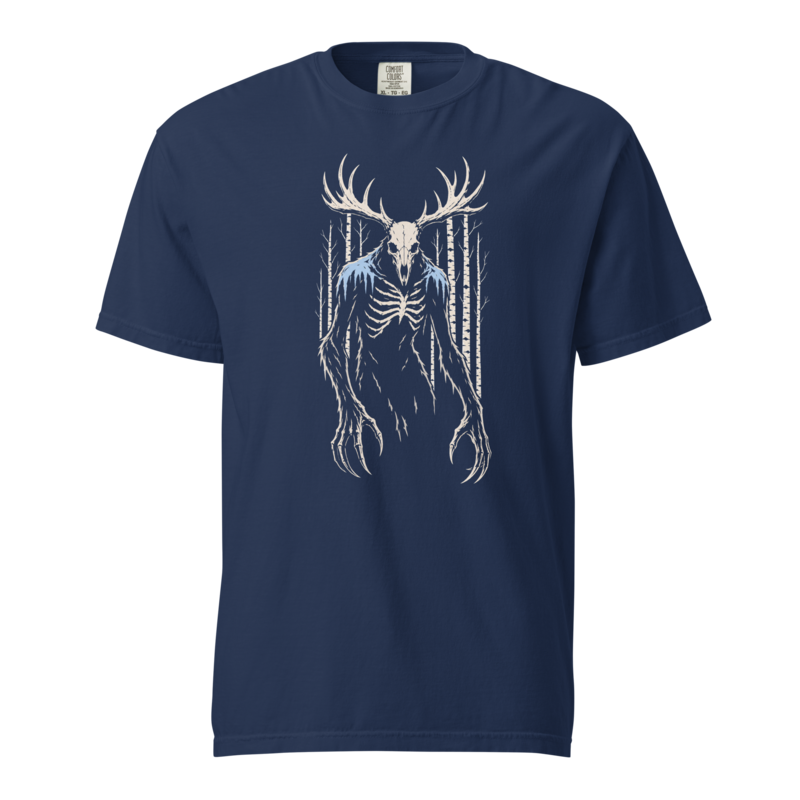 Skeletal antlered wendigo in cream and frost blue among birch trunks, printed on a true navy heavyweight tee.