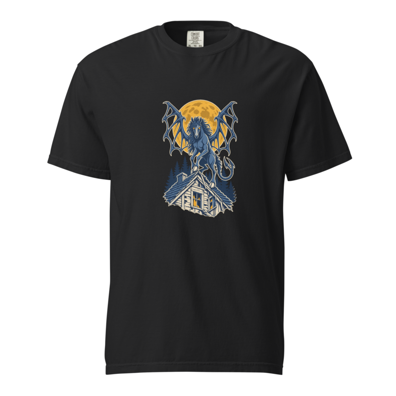 Jersey Devil with bat wings and hooves rearing on a cabin roof under a gold moon, printed on a black heavyweight tee.