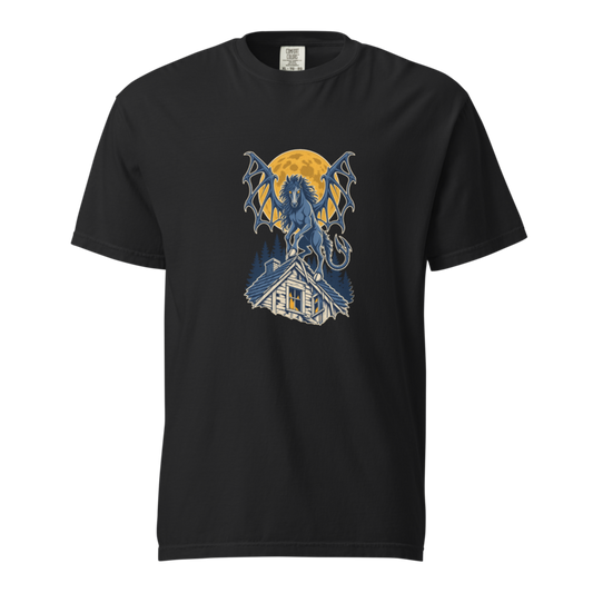 Jersey Devil with bat wings and hooves rearing on a cabin roof under a gold moon, printed on a black heavyweight tee.
