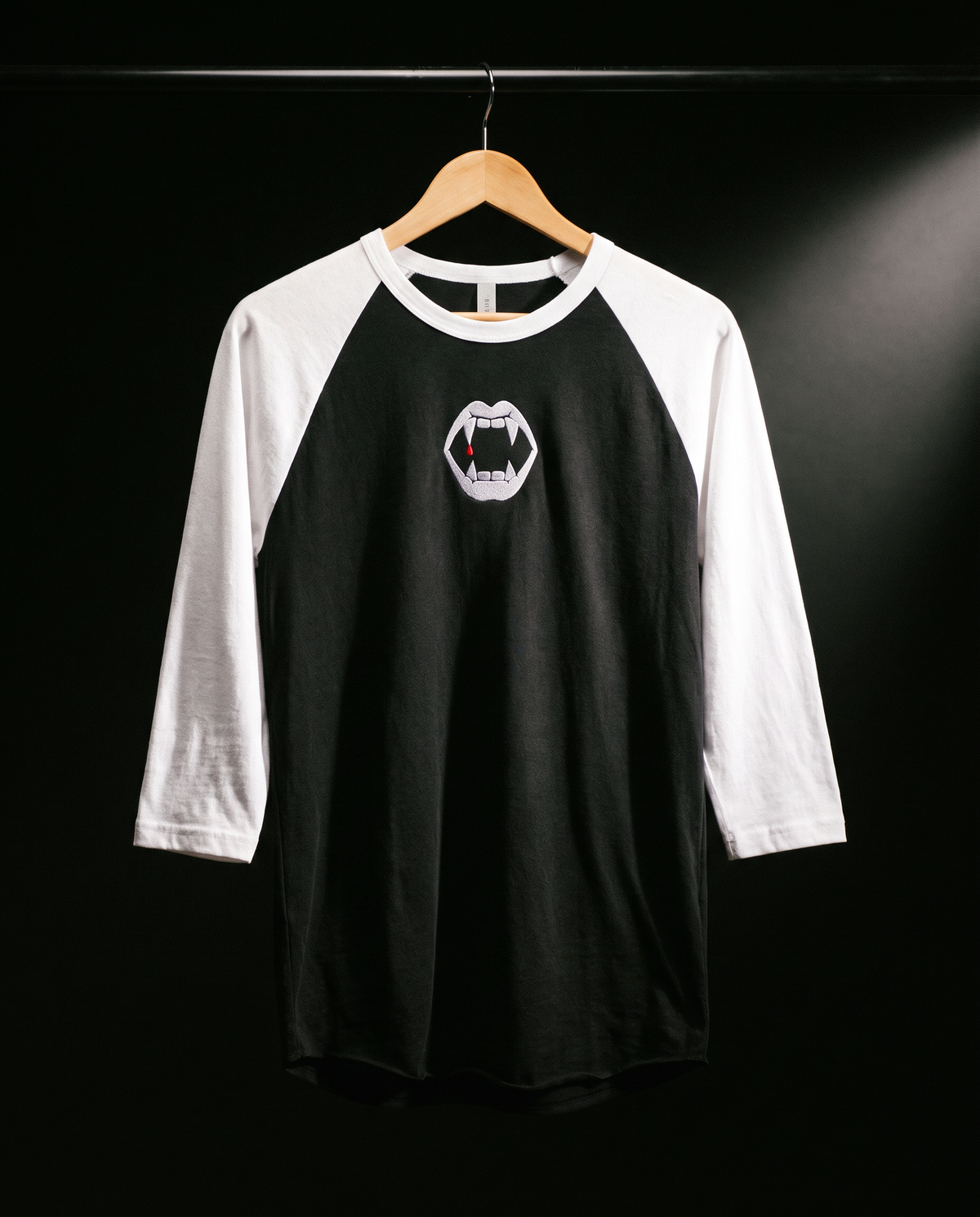 Fangs Raglan, Black/White, embroidered fangs on Tultex 245 raglan