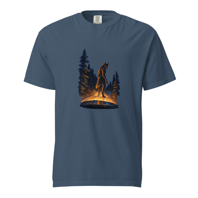 Michigan Dogman standing in car headlights on a dirt road between dark pines, printed on a midnight heavyweight tee.