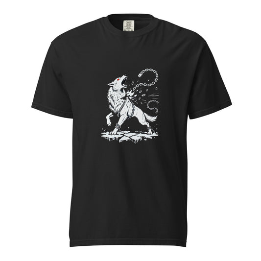 Fenrir the Chain Breaker, white wolf snapping his fetter Gleipnir, printed on a black heavyweight tee