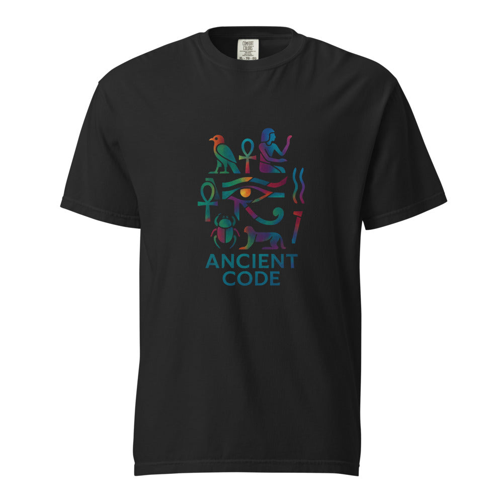 Egyptian hieroglyph collage in jewel tones, the Eye of Horus at center with the falcon of Horus, twin ankhs, a scarab, and a reclining sphinx above the words Ancient Code, on a black heavyweight Comfort Colors tee.