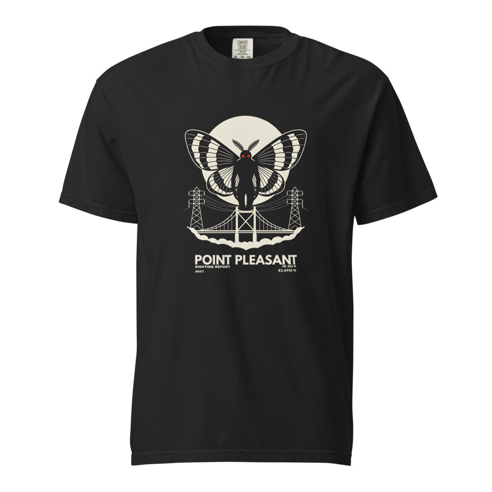 Mothman: The Sighting Report design, on a black heavyweight Comfort Colors tee.
