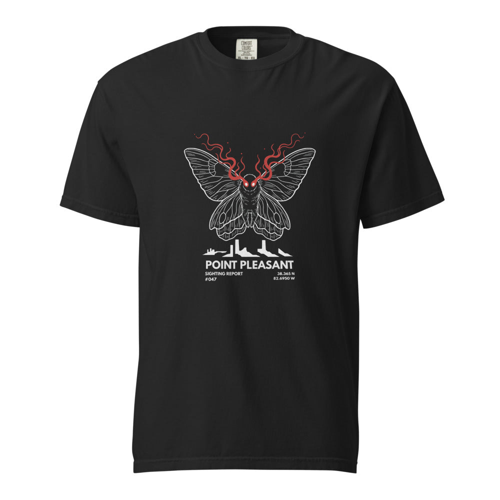 Mothman: Red Eyes Over Point Pleasant design, on a black heavyweight Comfort Colors tee.