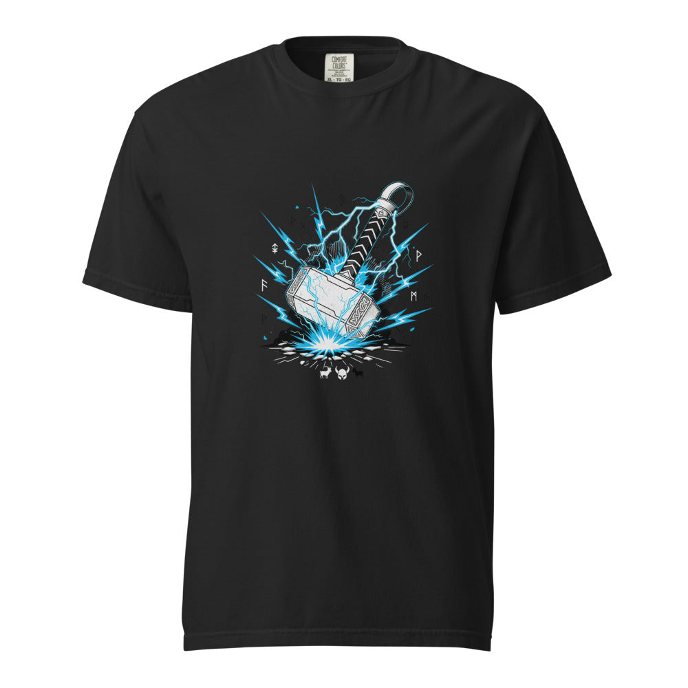 Mjolnir: The Thunder Hammer design, on a black heavyweight Comfort Colors tee.