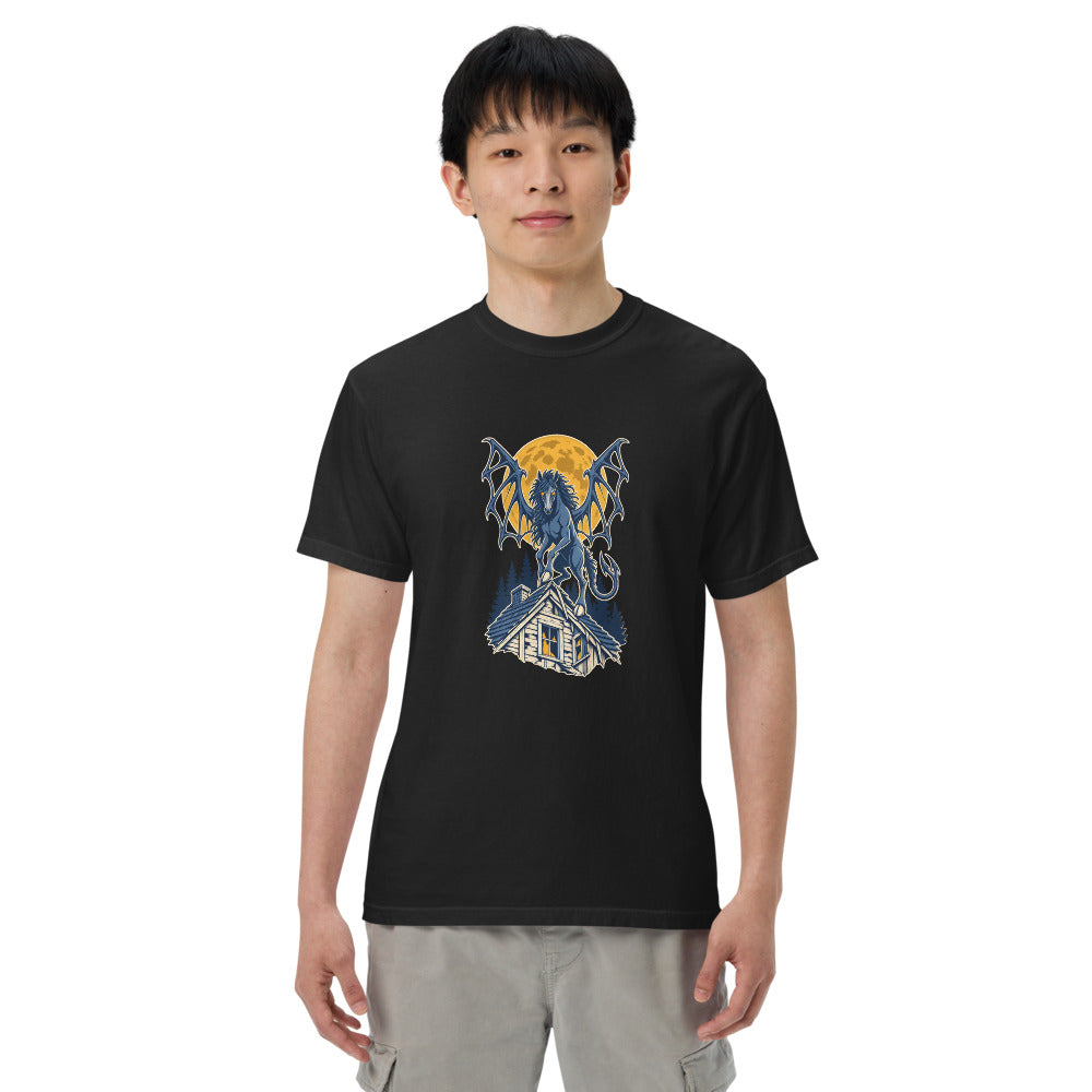 Jersey Devil: The Thirteenth Child on a model, heavyweight garment-dyed Comfort Colors 1717 tee in black