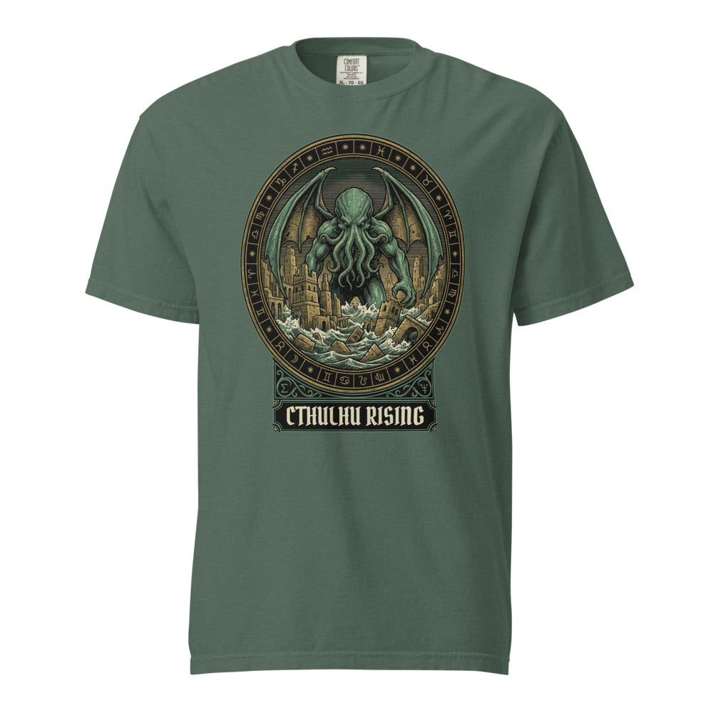 Cthulhu Rising cosmic horror design, on a blue spruce heavyweight Comfort Colors tee.