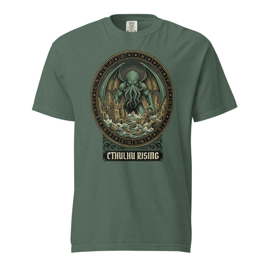 Cthulhu Rising cosmic horror design, on a blue spruce heavyweight Comfort Colors tee.