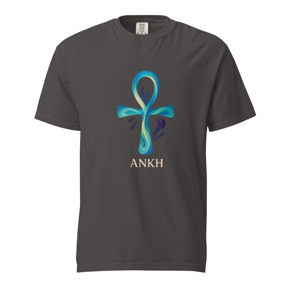 A flowing water blue ankh, the Egyptian key of life, above the word Ankh, on a graphite heavyweight Comfort Colors tee.