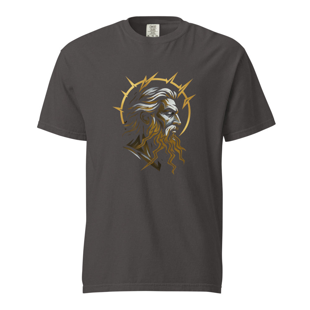 Zeus: King of Olympus design, on a graphite heavyweight Comfort Colors tee.
