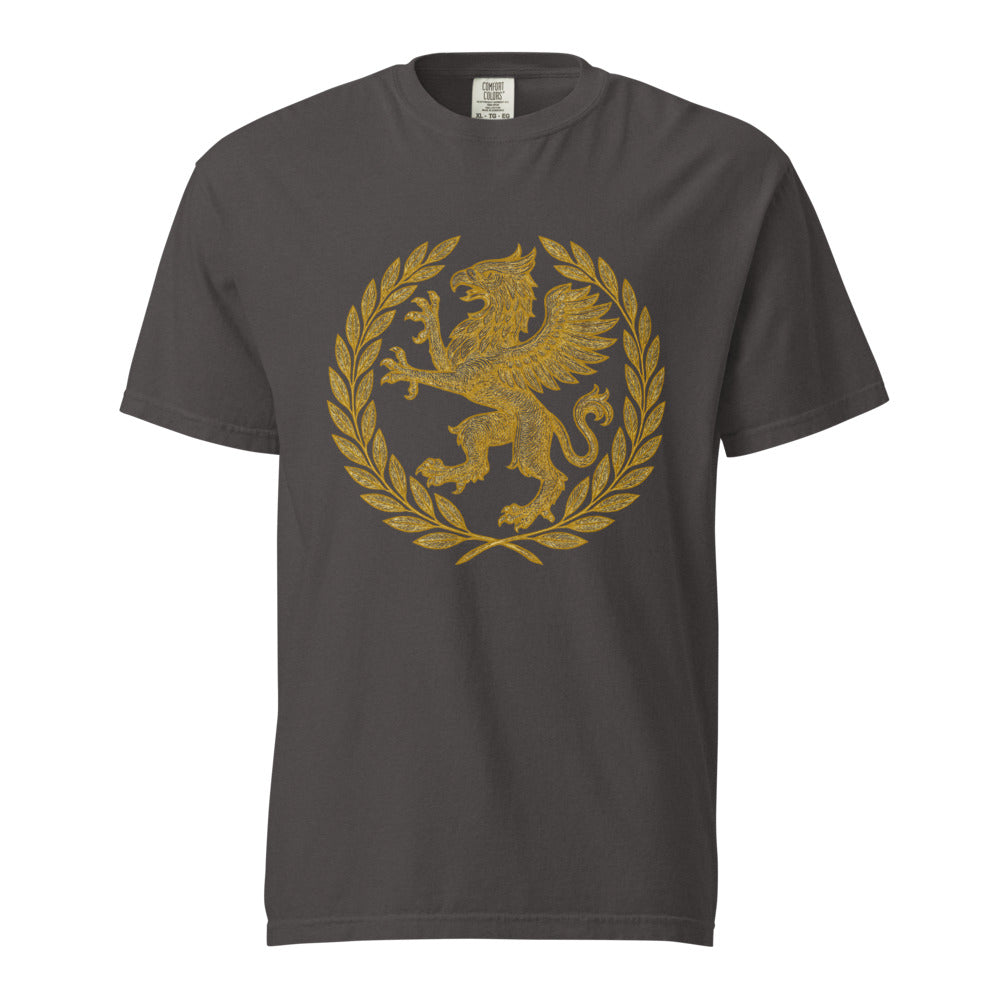 Gold griffin guardian crowned in the victor's laurel, on a graphite heavyweight Comfort Colors tee.