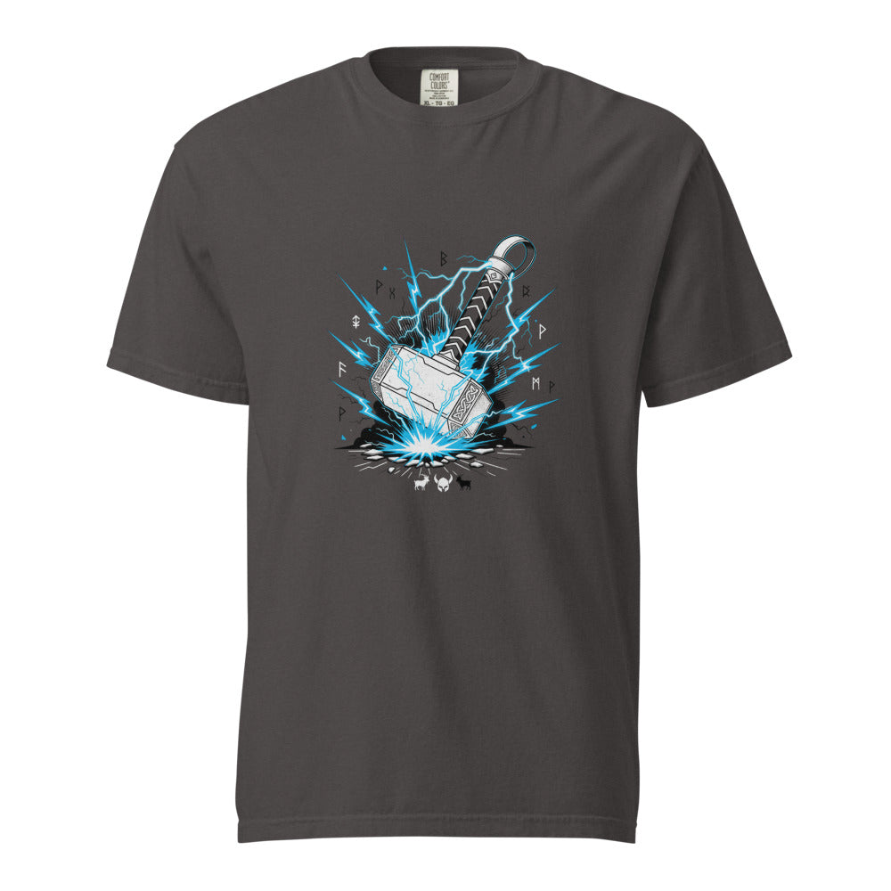 Mjolnir: The Thunder Hammer design, on a graphite heavyweight Comfort Colors tee.