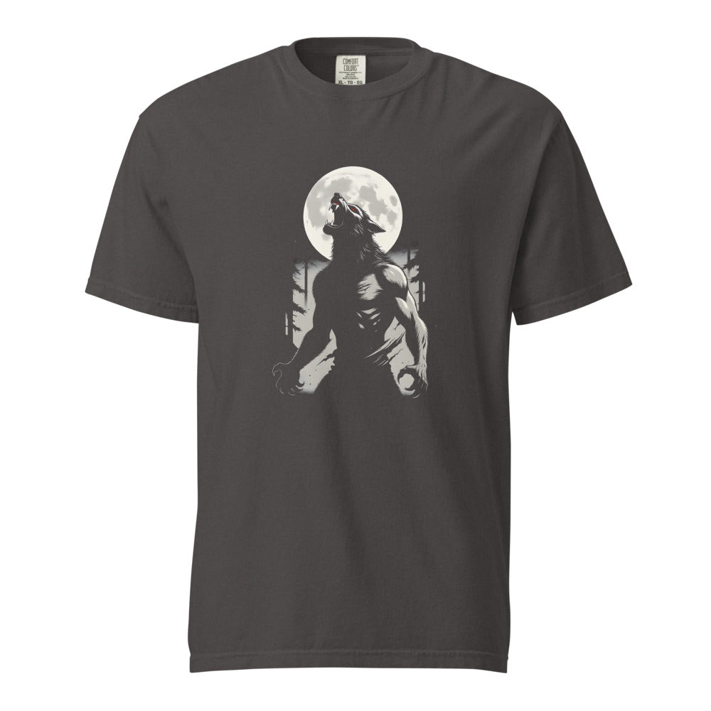 Werewolf: The Moon's Curse design, on a graphite heavyweight Comfort Colors tee.