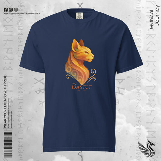 Bastet, the Egyptian cat goddess in flame-gold, on a true navy heavyweight tee, front view.