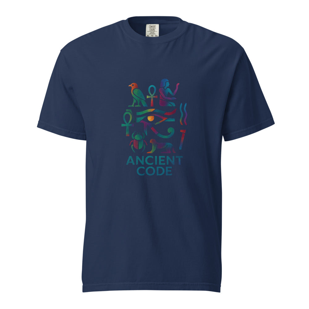 Egyptian hieroglyph collage in jewel tones, the Eye of Horus at center with the falcon of Horus, twin ankhs, a scarab, and a reclining sphinx above the words Ancient Code, on a True Navy heavyweight Comfort Colors tee.