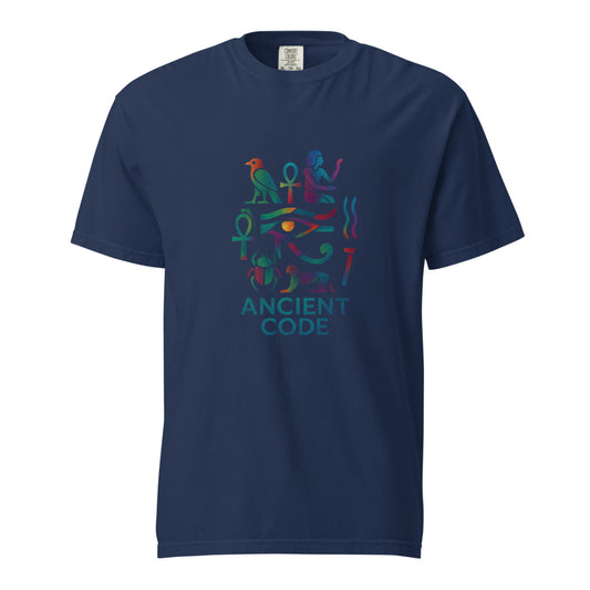 Egyptian hieroglyph collage in jewel tones, the Eye of Horus at center with the falcon of Horus, twin ankhs, a scarab, and a reclining sphinx above the words Ancient Code, on a True Navy heavyweight Comfort Colors tee.