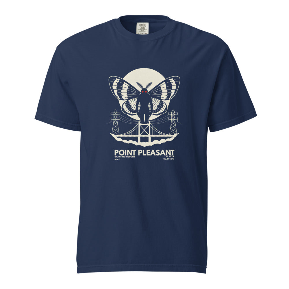Mothman: The Sighting Report design, on a true navy heavyweight Comfort Colors tee.