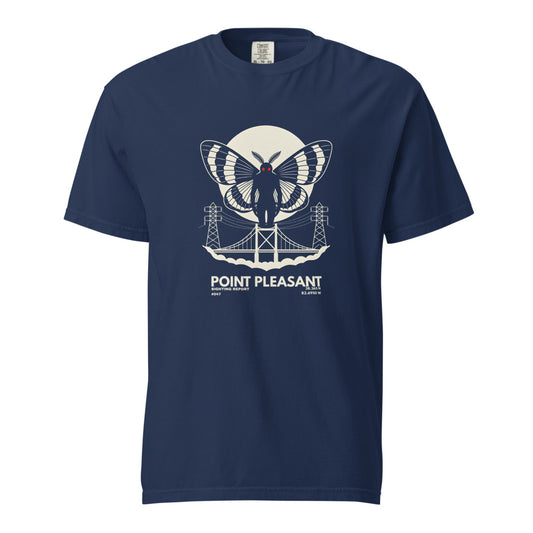 Mothman: The Sighting Report design, on a true navy heavyweight Comfort Colors tee.
