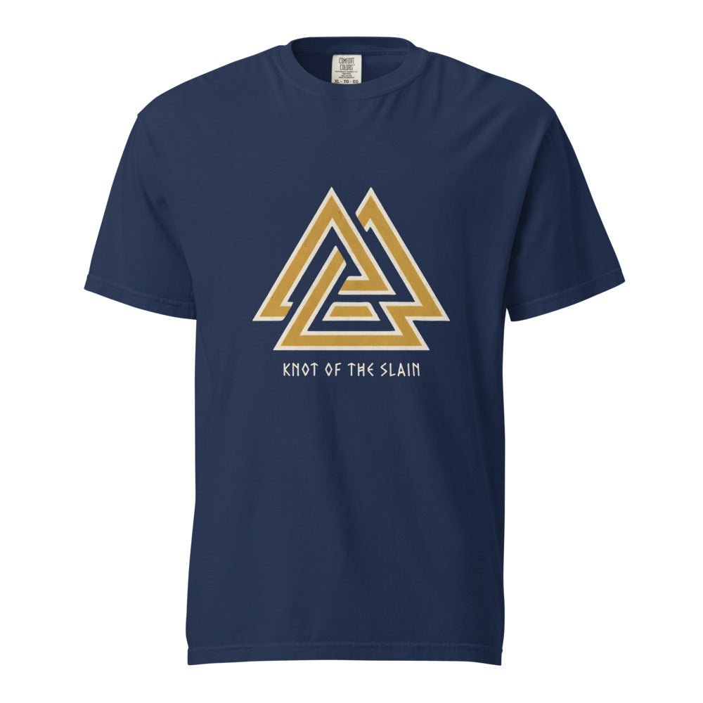 Valknut: Knot of the Slain design, on a true navy heavyweight Comfort Colors tee.