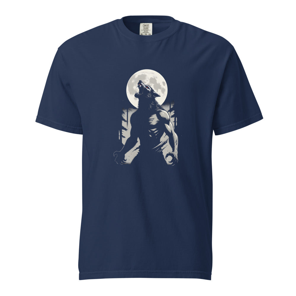 Werewolf: The Moon's Curse design, on a true navy heavyweight Comfort Colors tee.
