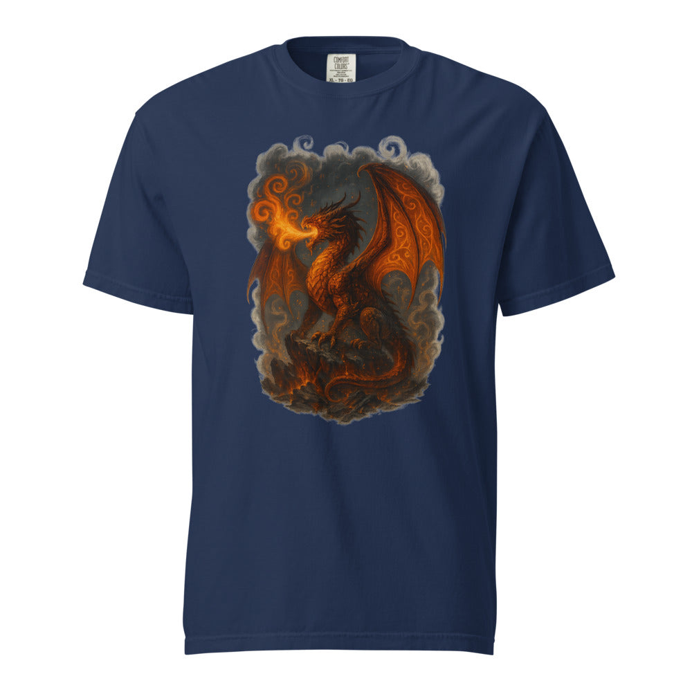 Fafnir: The Hoard-Dragon design, on a true navy heavyweight Comfort Colors tee.