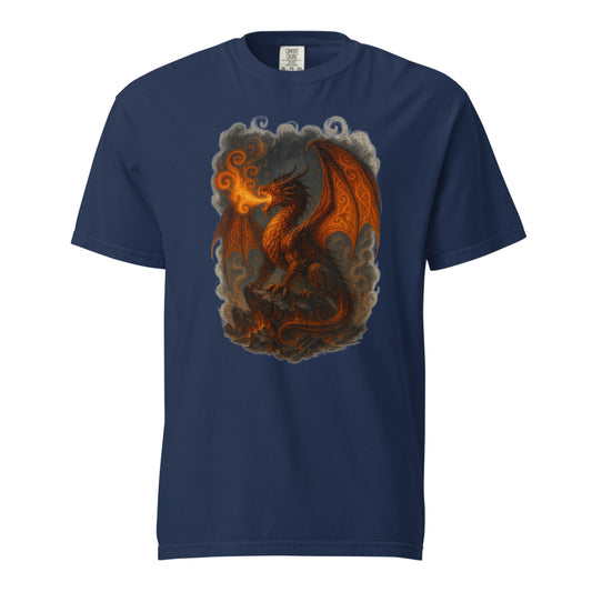 Fafnir: The Hoard-Dragon design, on a true navy heavyweight Comfort Colors tee.