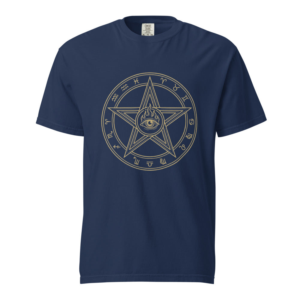 The Elder Sign cosmic horror design, on a true navy heavyweight Comfort Colors tee.