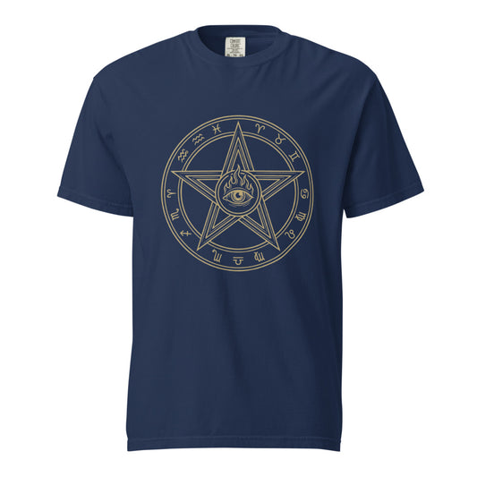 The Elder Sign cosmic horror design, on a true navy heavyweight Comfort Colors tee.