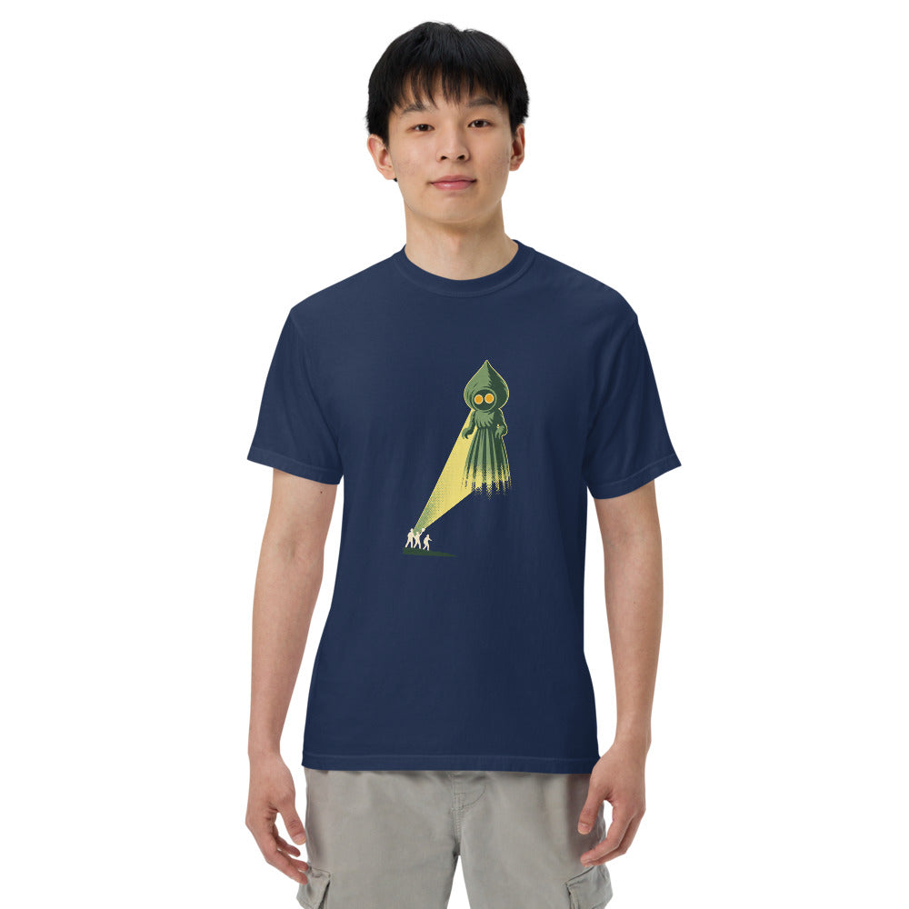 Flatwoods Monster: The Braxton County Landing on a model, heavyweight garment-dyed Comfort Colors 1717 tee in true navy