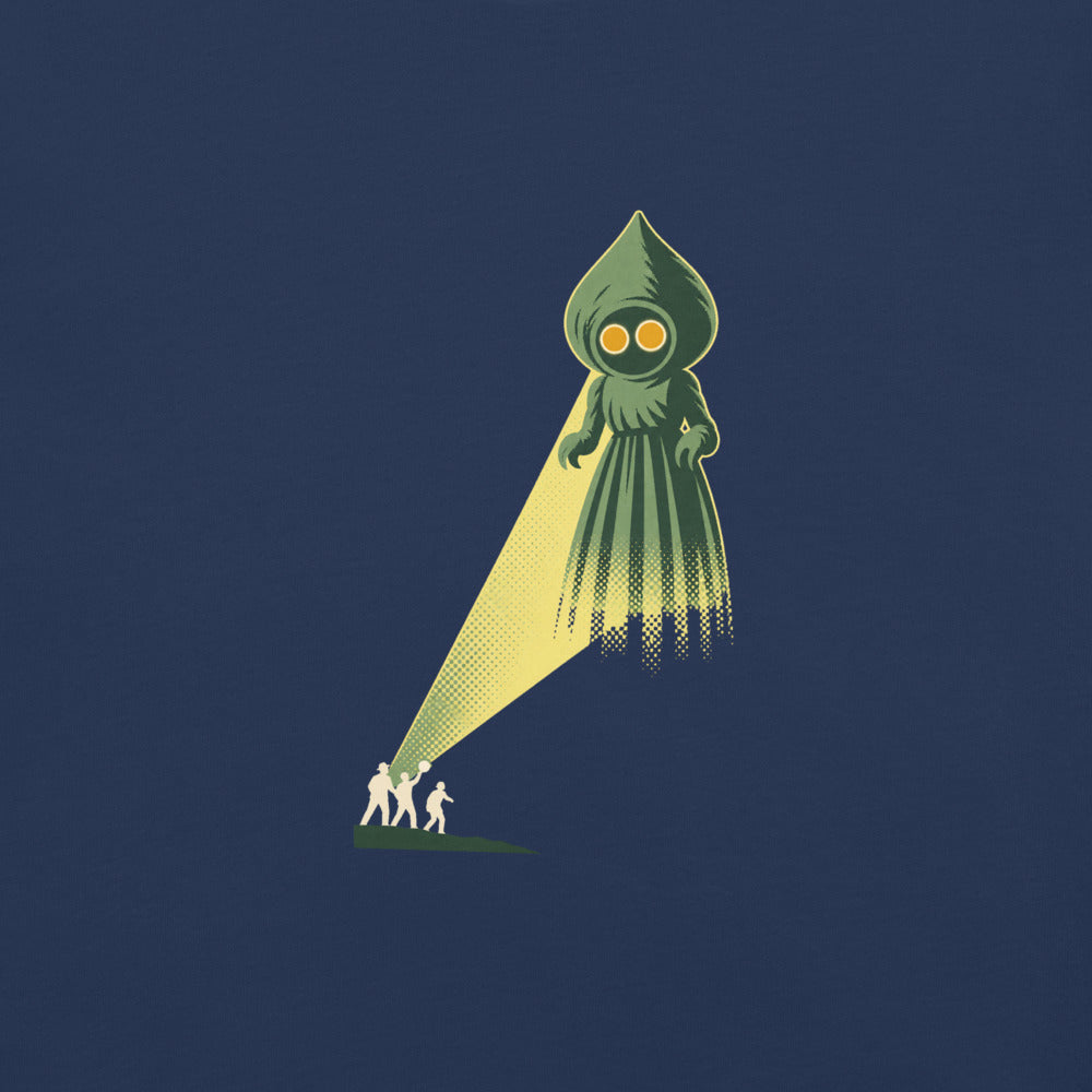 Flatwoods Monster: The Braxton County Landing print detail on true navy garment-dyed cotton