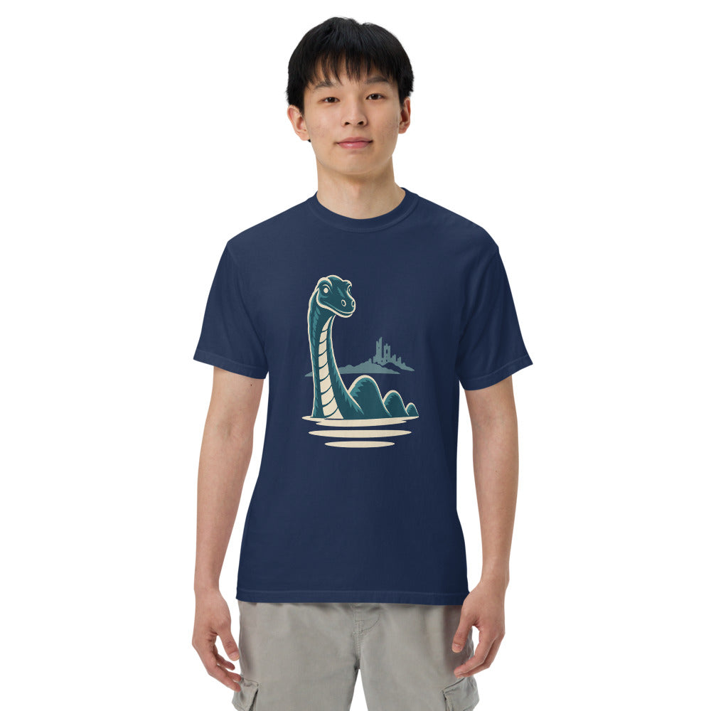 Nessie: The Urquhart Castle Sighting on a model, heavyweight garment-dyed Comfort Colors 1717 tee in true navy