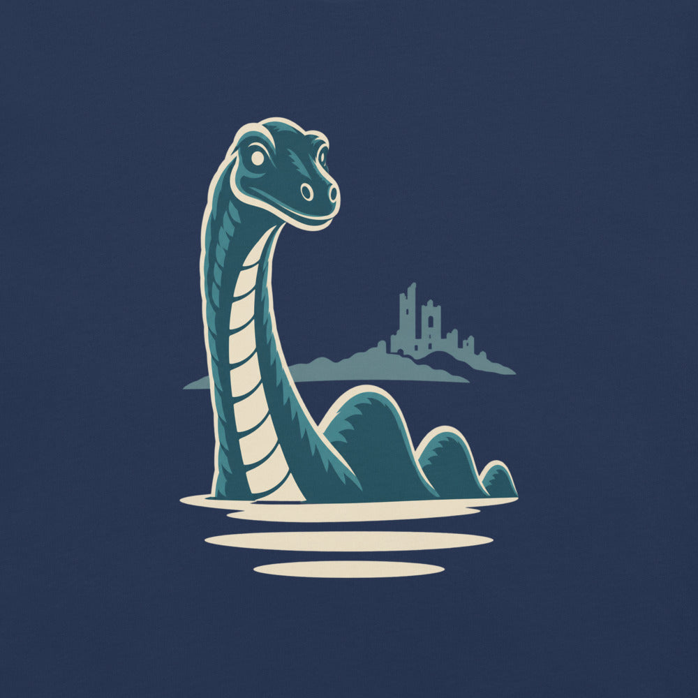 Nessie: The Urquhart Castle Sighting print detail on true navy garment-dyed cotton