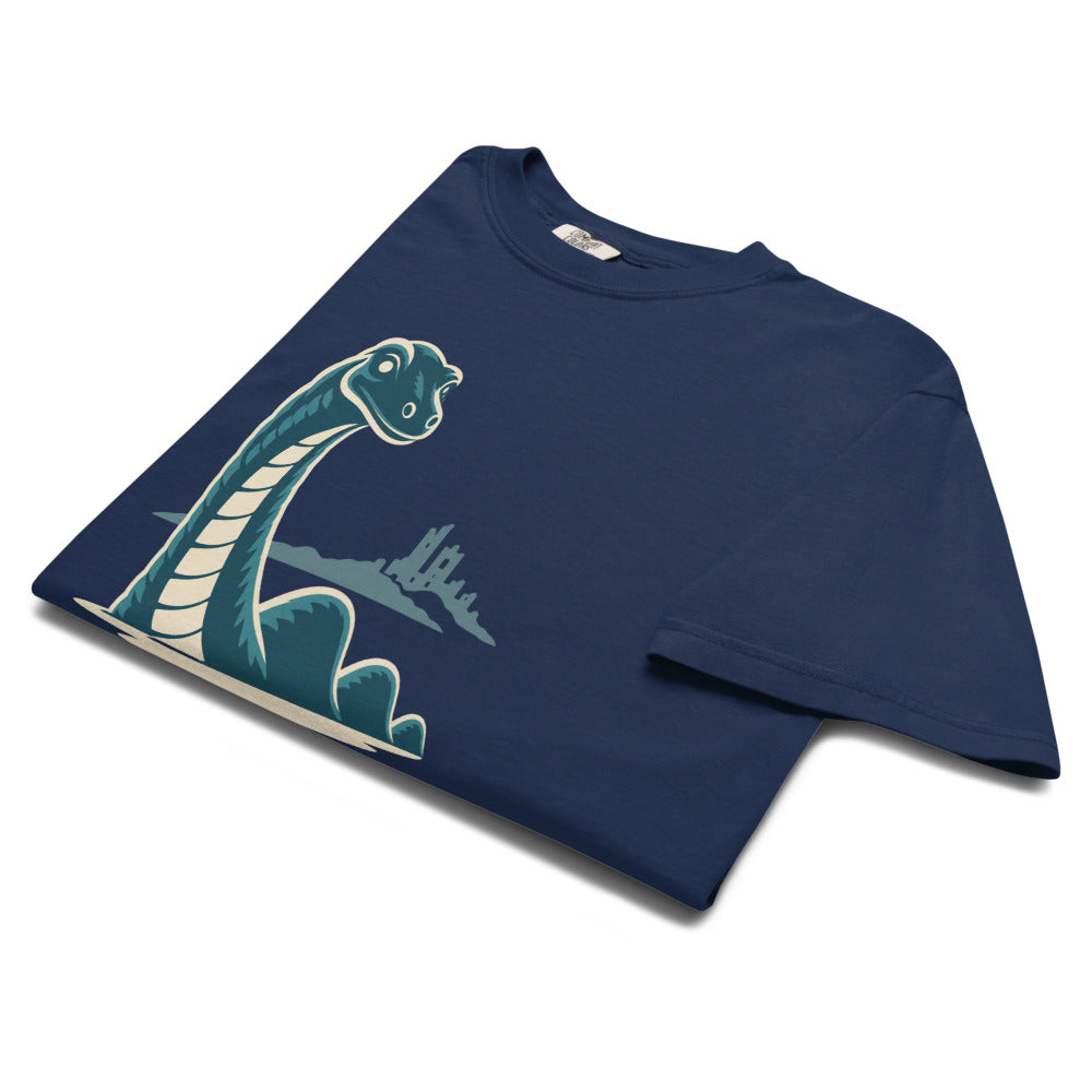 Nessie: The Urquhart Castle Sighting folded, true navy heavyweight tee