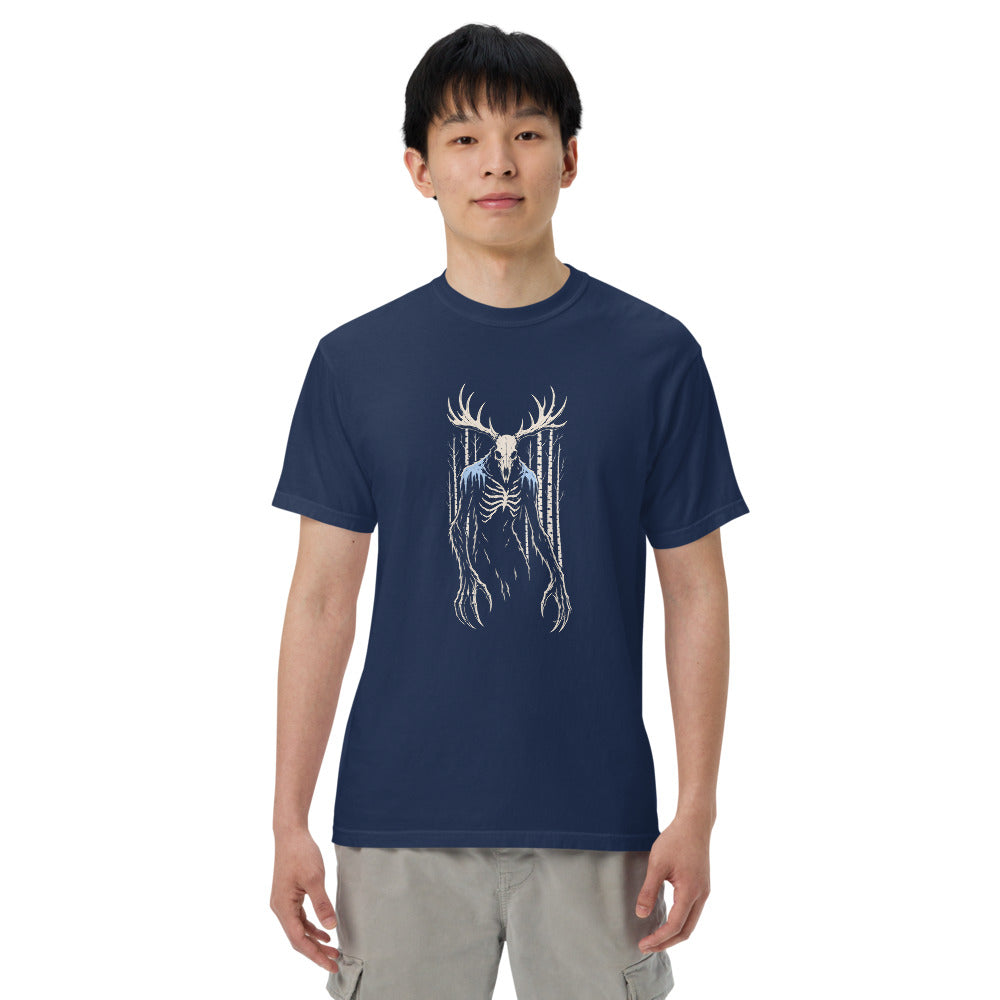 Wendigo: The Winter Hunger on a model, heavyweight garment-dyed Comfort Colors 1717 tee in true navy