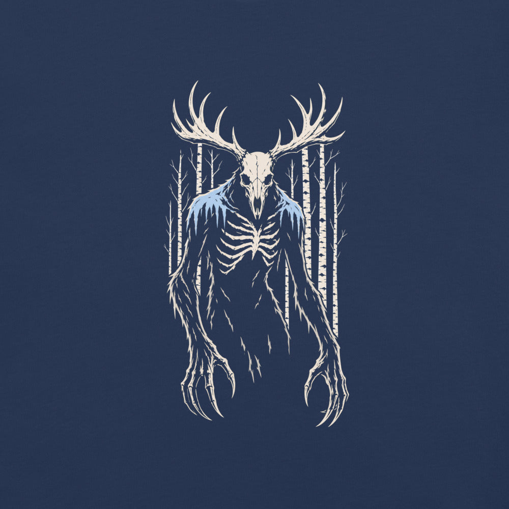Wendigo: The Winter Hunger print detail on true navy garment-dyed cotton
