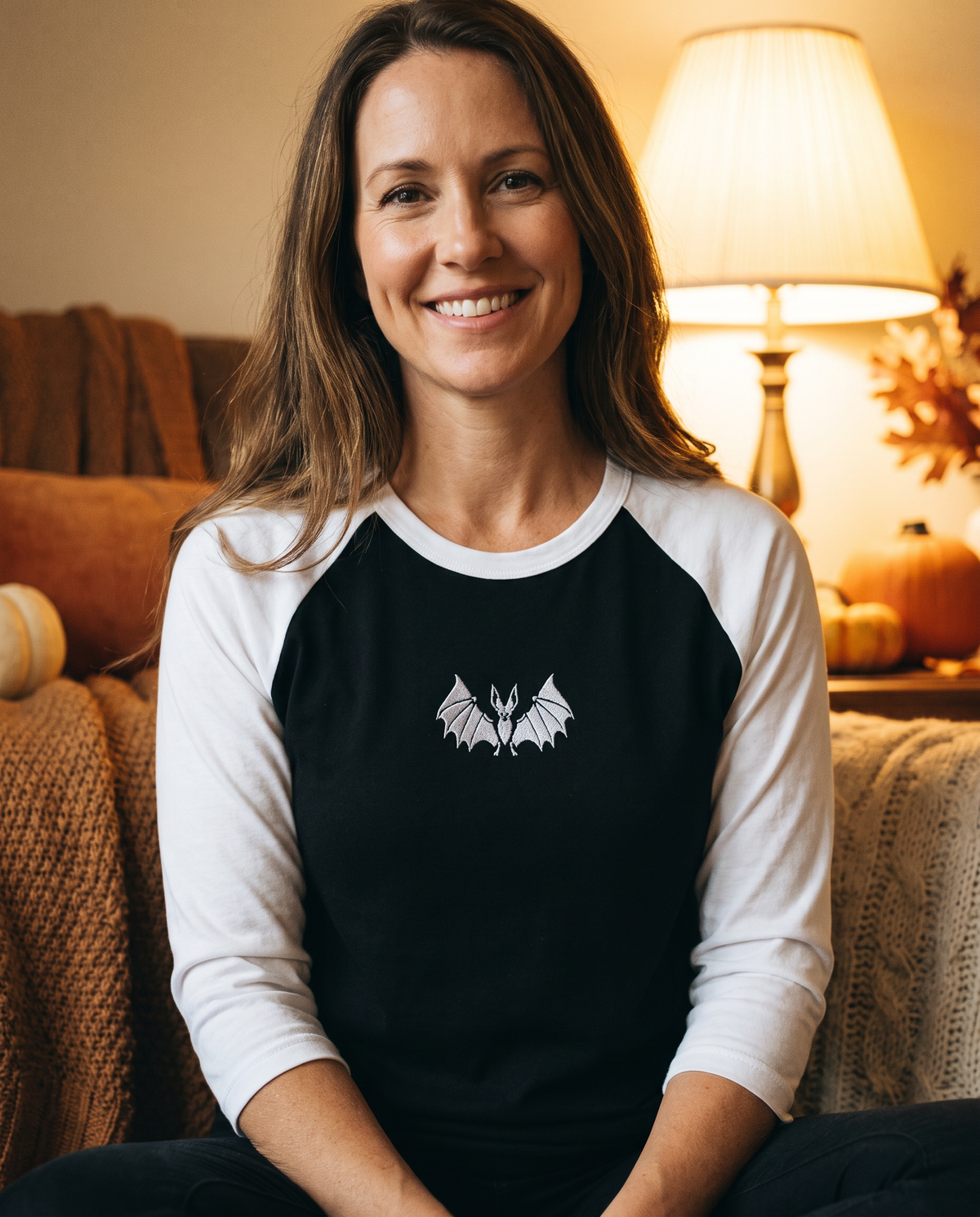 Vampire Bat Raglan, Black/White, embroidered bat on Tultex 245 raglan
