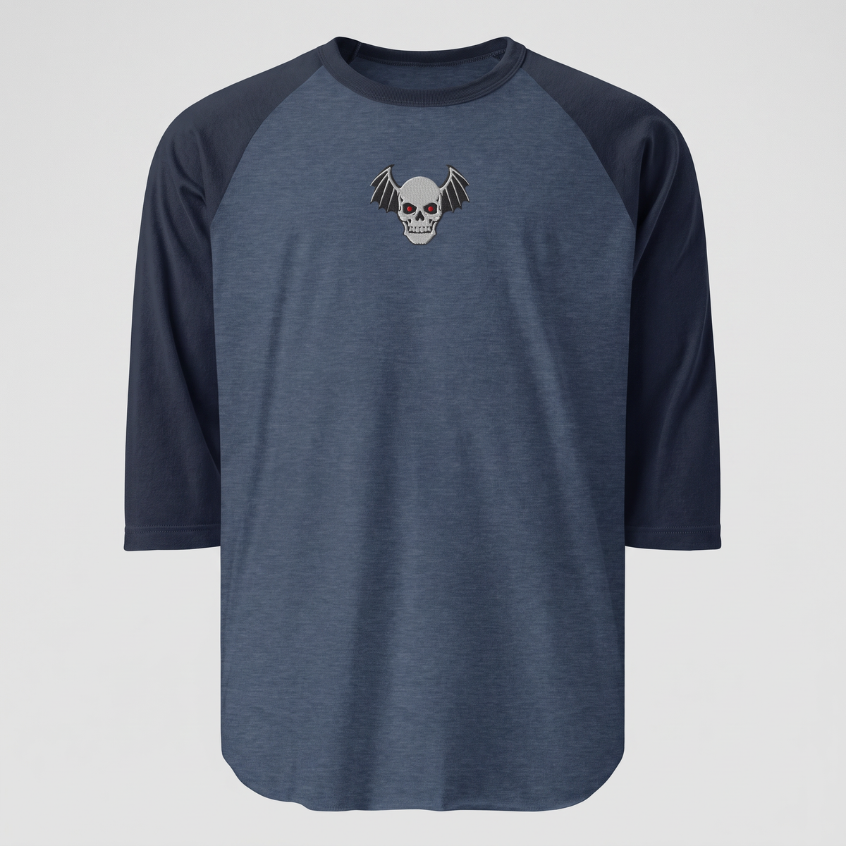 Winged Skull Raglan, Heather Denim/Navy, embroidered winged skull on Tultex 245 raglan