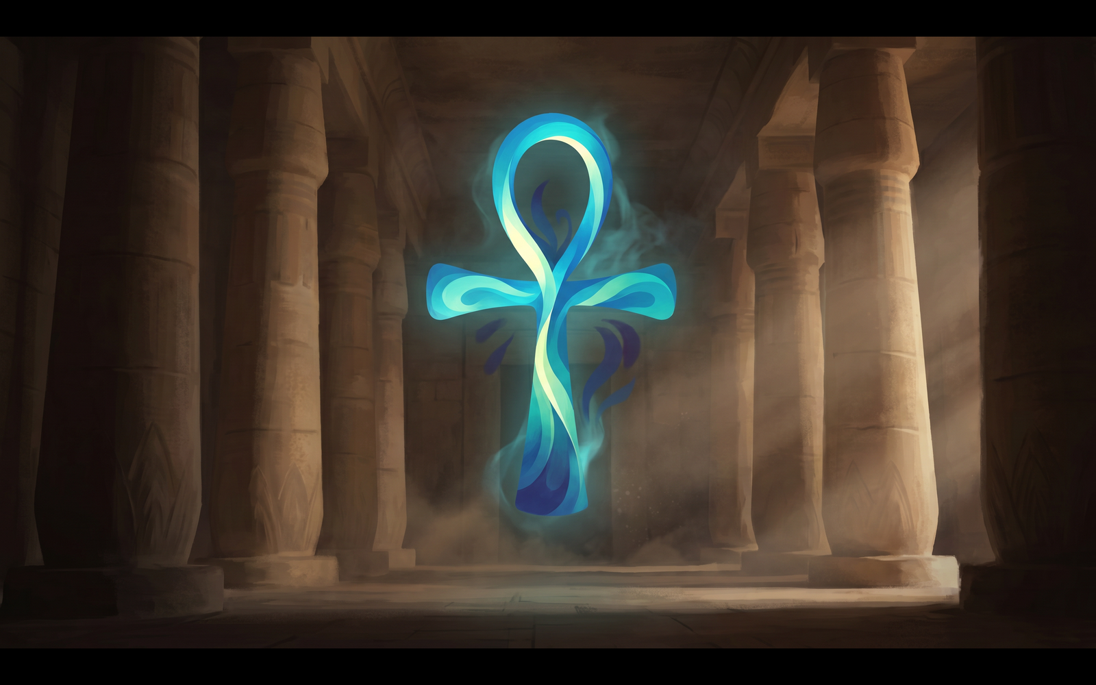 A glowing ankh apparition in an ancient Egyptian temple hall, in the teal and cyan palette of the Ankh: The Key of Life design