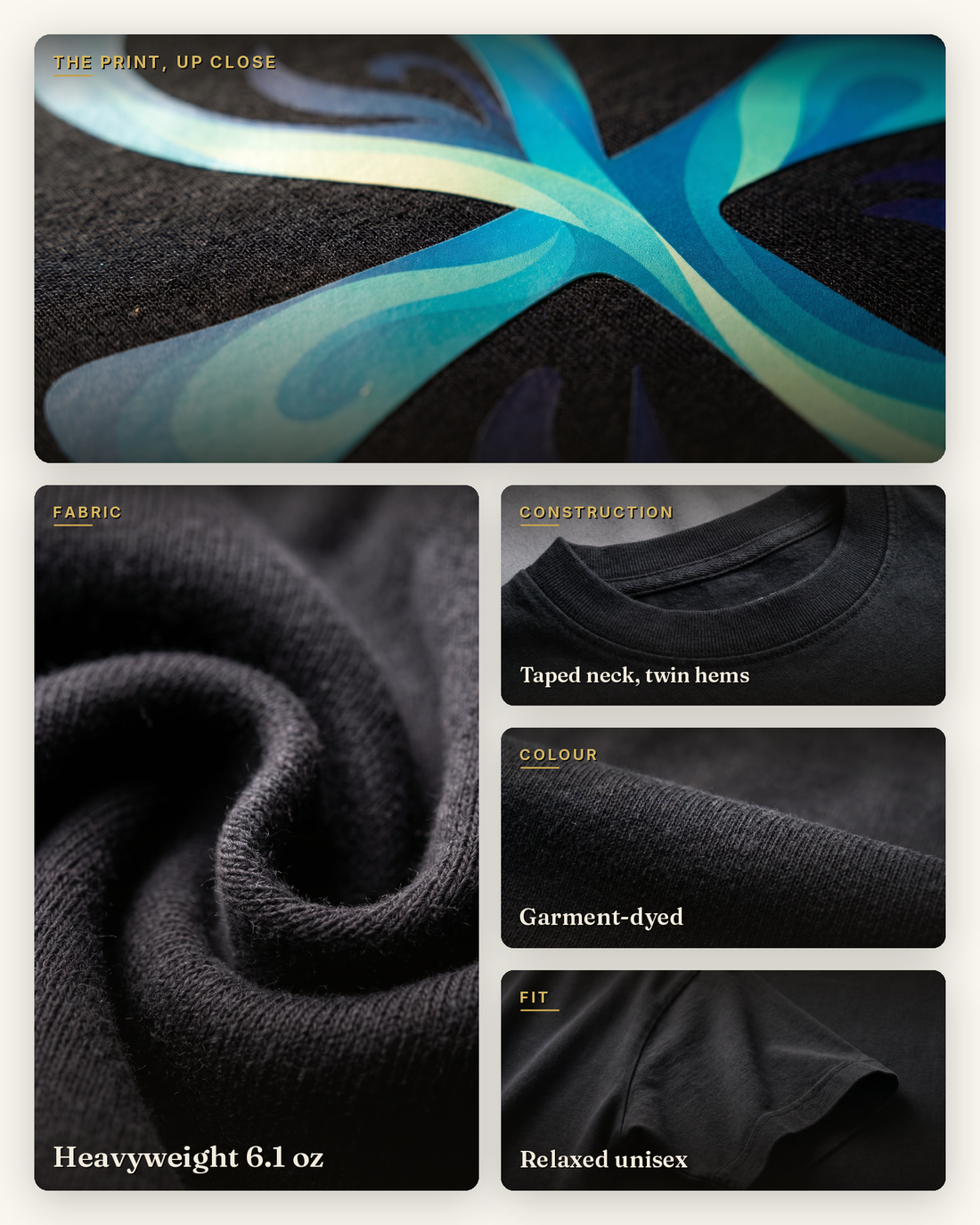 SuperMythic craft graphic for the Ankh tee: DTFlex print on black garment-dyed cotton with fabric, construction, colour and fit details