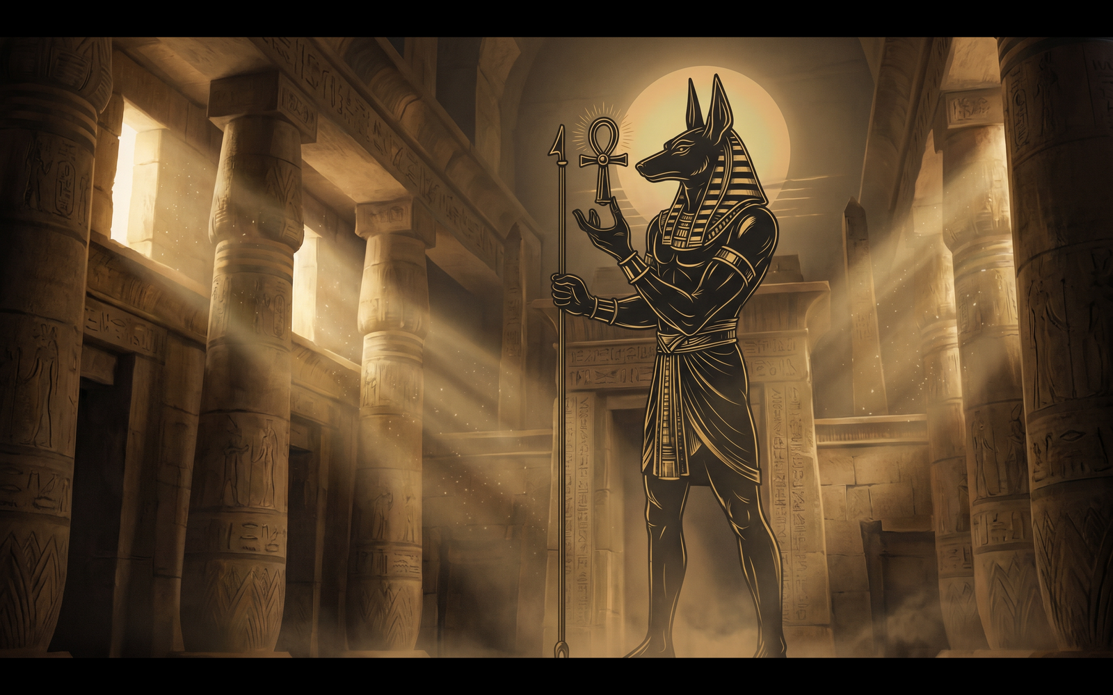 The god Anubis in full figure holding a staff and ankh in a golden Egyptian underworld hall, in the palette of the Anubis: Keeper of the Afterlife design