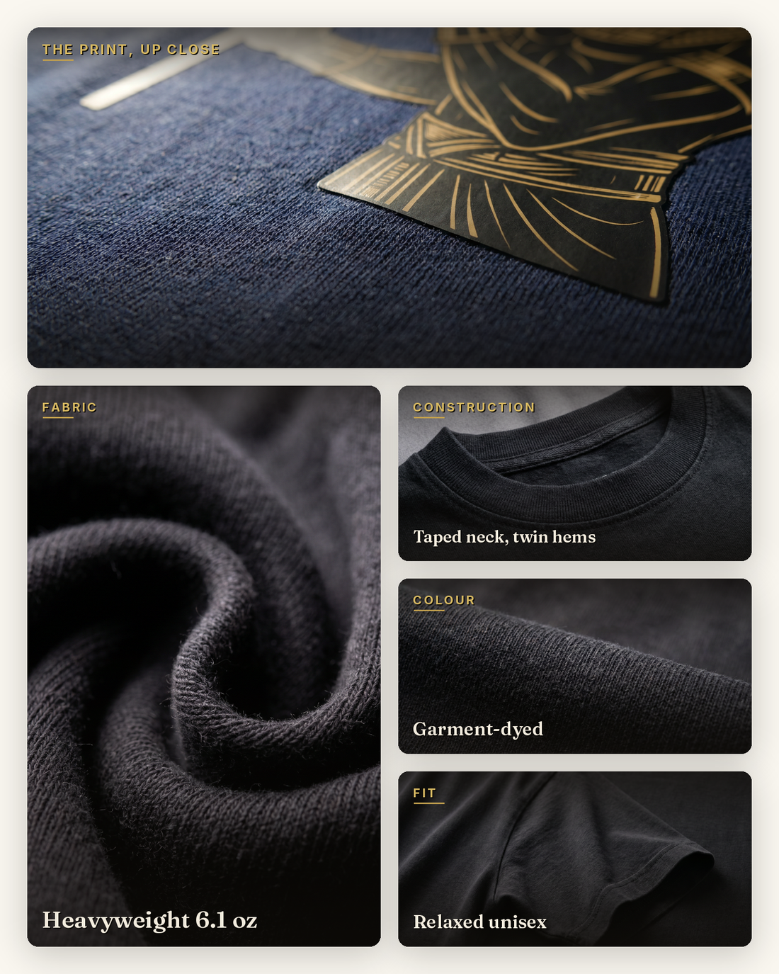 SuperMythic craft graphic for the Anubis Keeper of the Afterlife tee: DTFlex print on true navy garment-dyed cotton with fabric, construction, colour and fit details