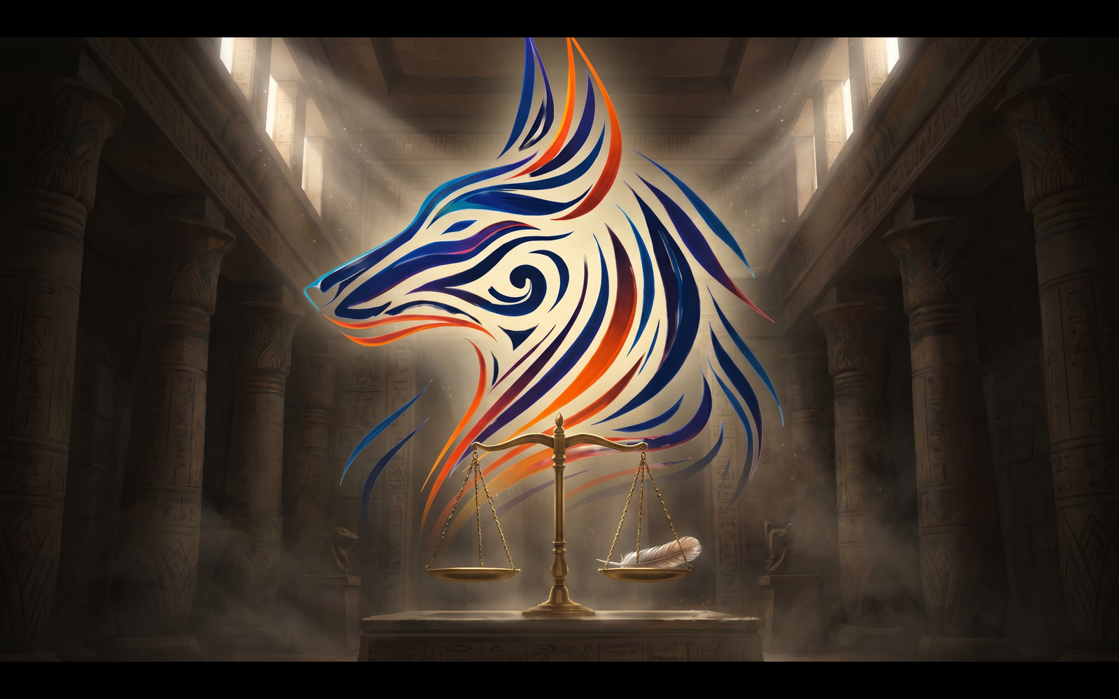 A glowing line-art jackal head of Anubis above the golden scales of judgment and a feather, in the palette of the Anubis: Weigher of Hearts design