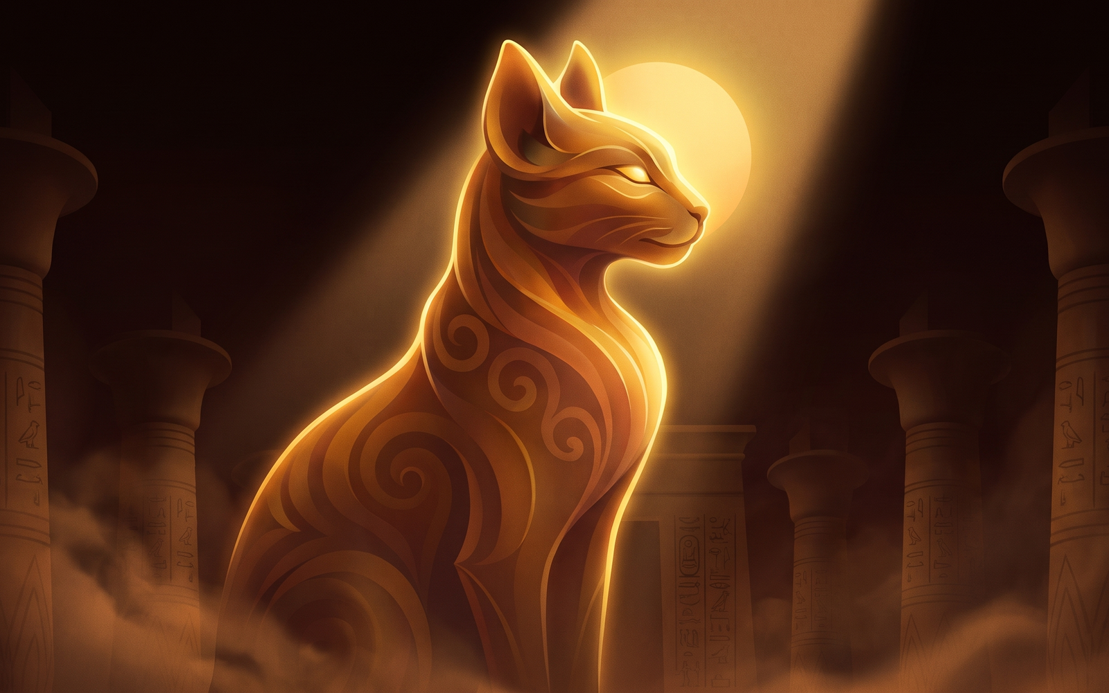 Bastet the Egyptian cat goddess, larger than life in a shadowed sun temple, golden swirls catching a shaft of light
