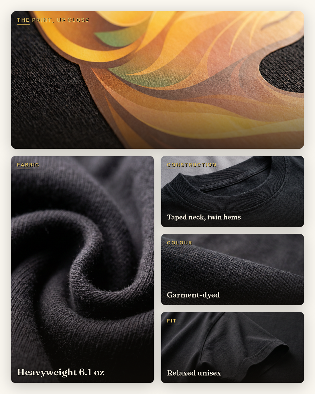 SuperMythic craft graphic for the Bastet tee: the DTFlex transfer print sitting on garment-dyed cotton with a clean soft edge, plus heavyweight fabric, ribbed taped neck, garment-dye, and relaxed fit details