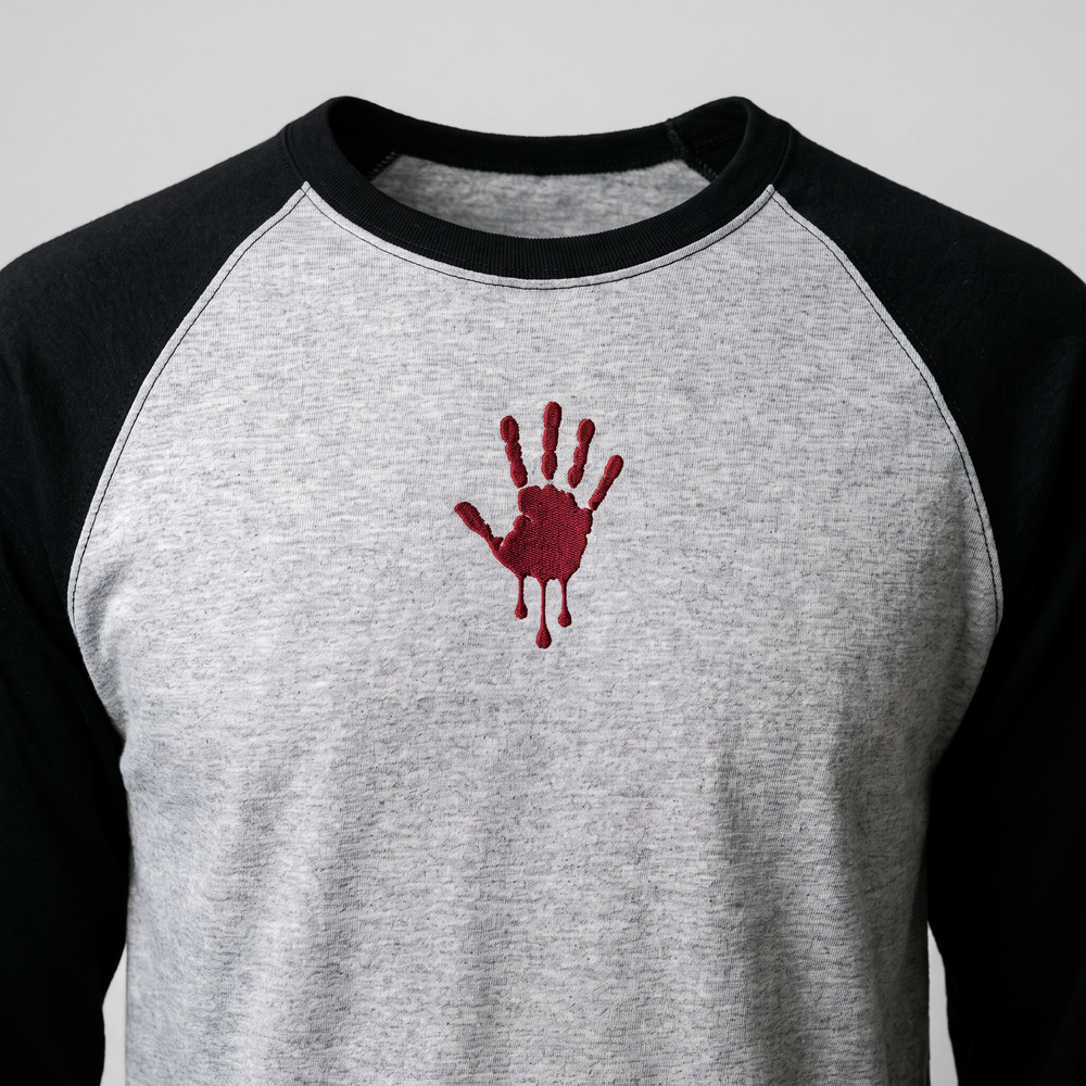 Bloody Hand Raglan, Heather Grey/Black, embroidered bloody hand on Tultex 245 raglan