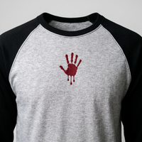 Bloody Hand Raglan, Heather Grey/Black, embroidered bloody hand on Tultex 245 raglan