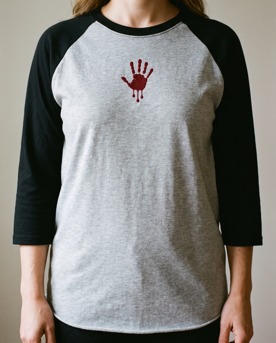 Bloody Hand Raglan, Heather Grey/Black, worn, chest detail, embroidered bloody hand on Tultex 245 raglan