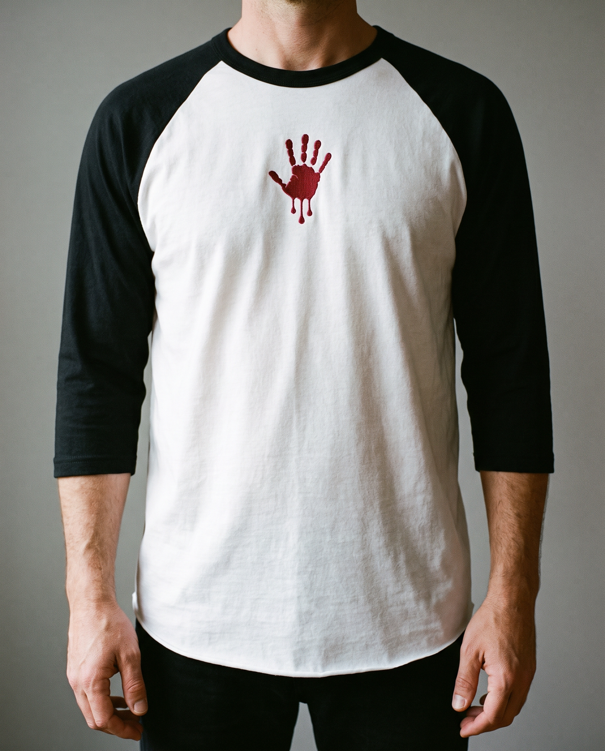 Bloody Hand Raglan, White/Black, worn, chest detail, embroidered bloody hand on Tultex 245 raglan