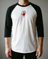 Bloody Hand Raglan, White/Black, worn, chest detail, embroidered bloody hand on Tultex 245 raglan